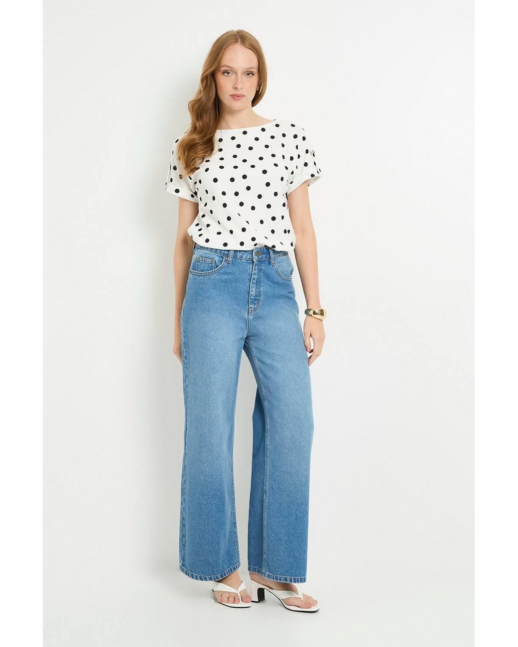 Wallis White Spot Jersey Roll Sleeve Button T-Shirt