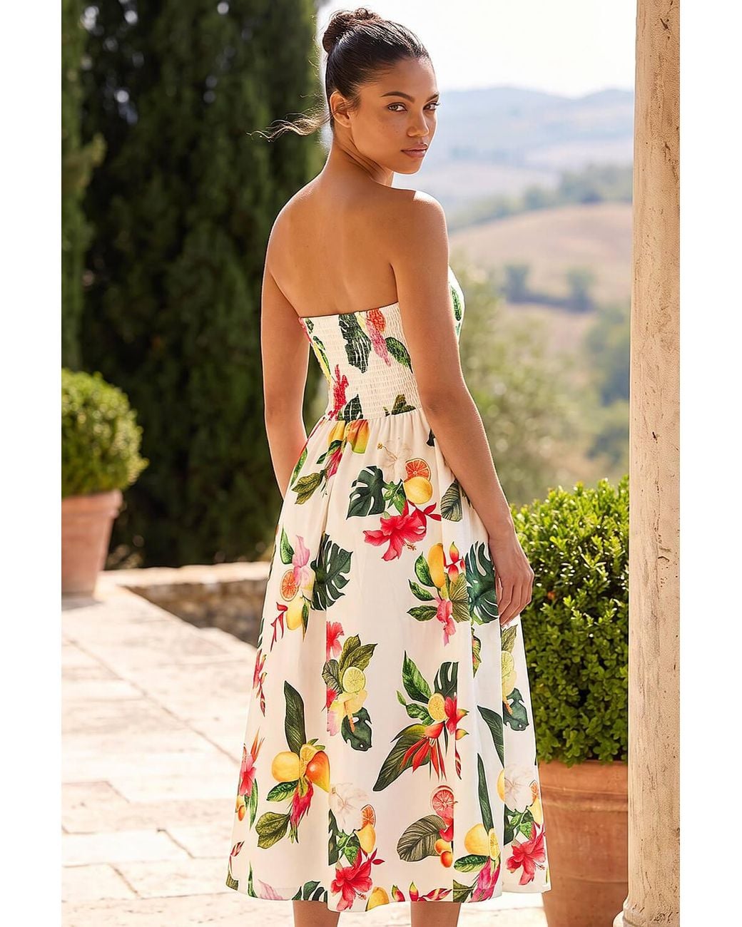 Roman Yellow Petite Bandeau Tropical Print Midi Dress