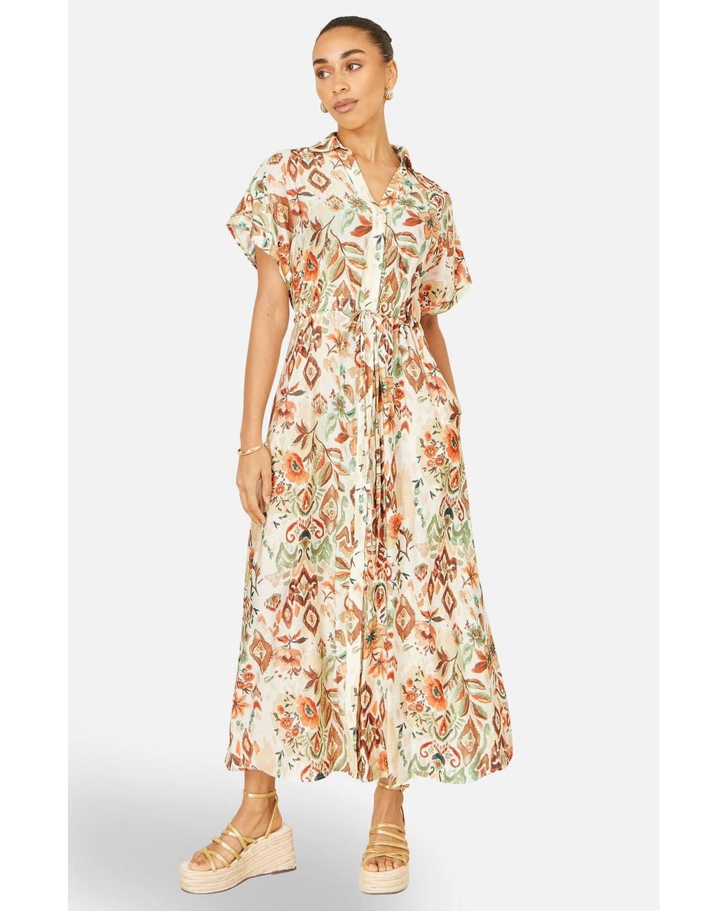 Yumi' Natural Viscose Relaxed Boho Print Maxi Shirt Dress