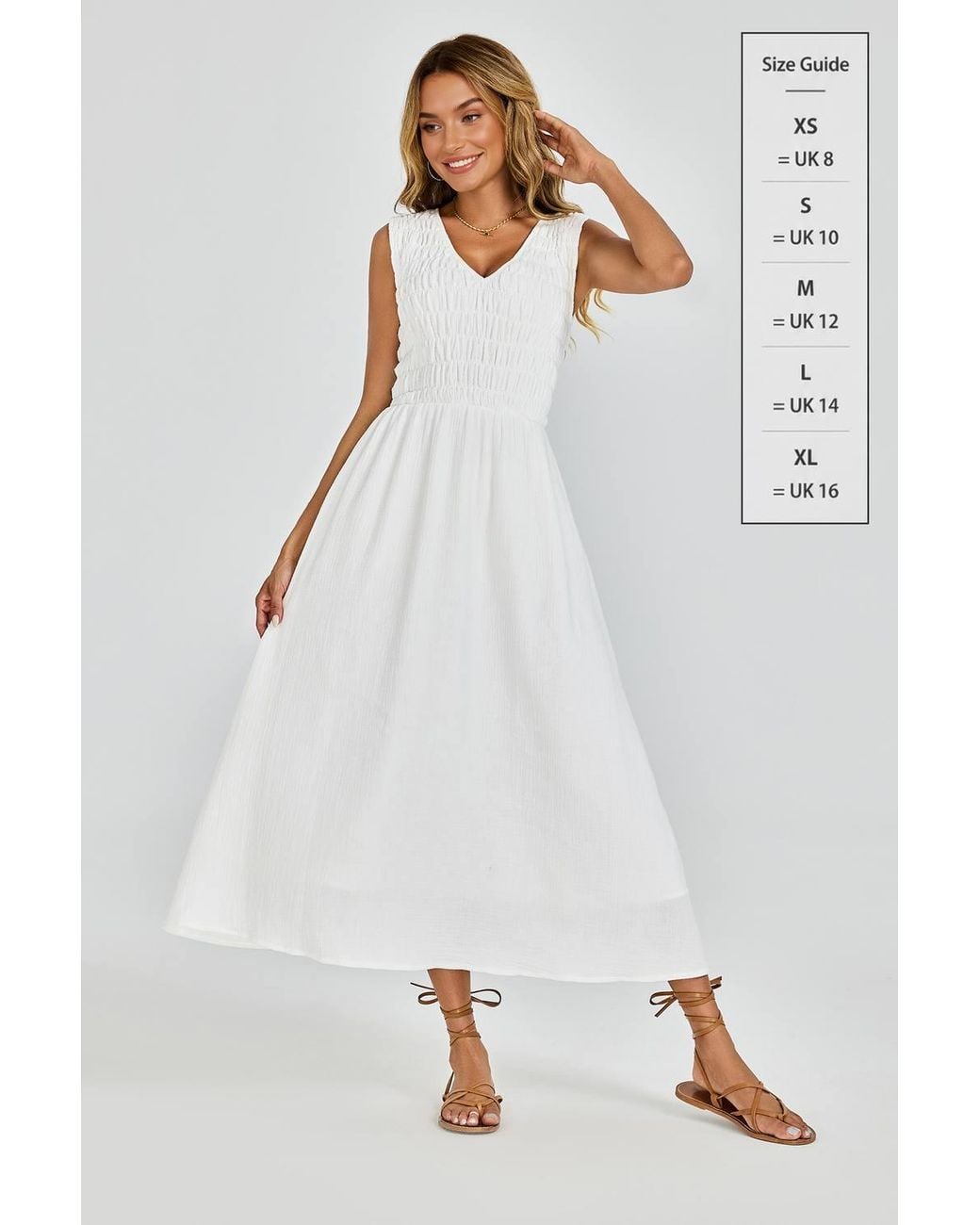 FS Collection White Sleeveless Shirred Bodice Midi Dress