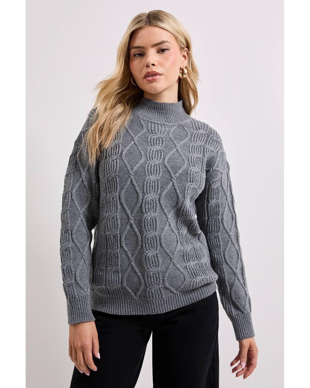 Dorothy Perkins Gray Twisted Cable Funnel Longline Sweater