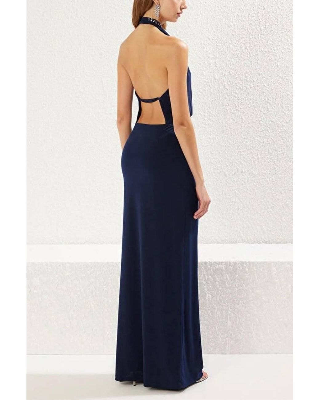 WOVCOR Blue Cowl Neck Evening Dress W/ Shiny Stone Detail