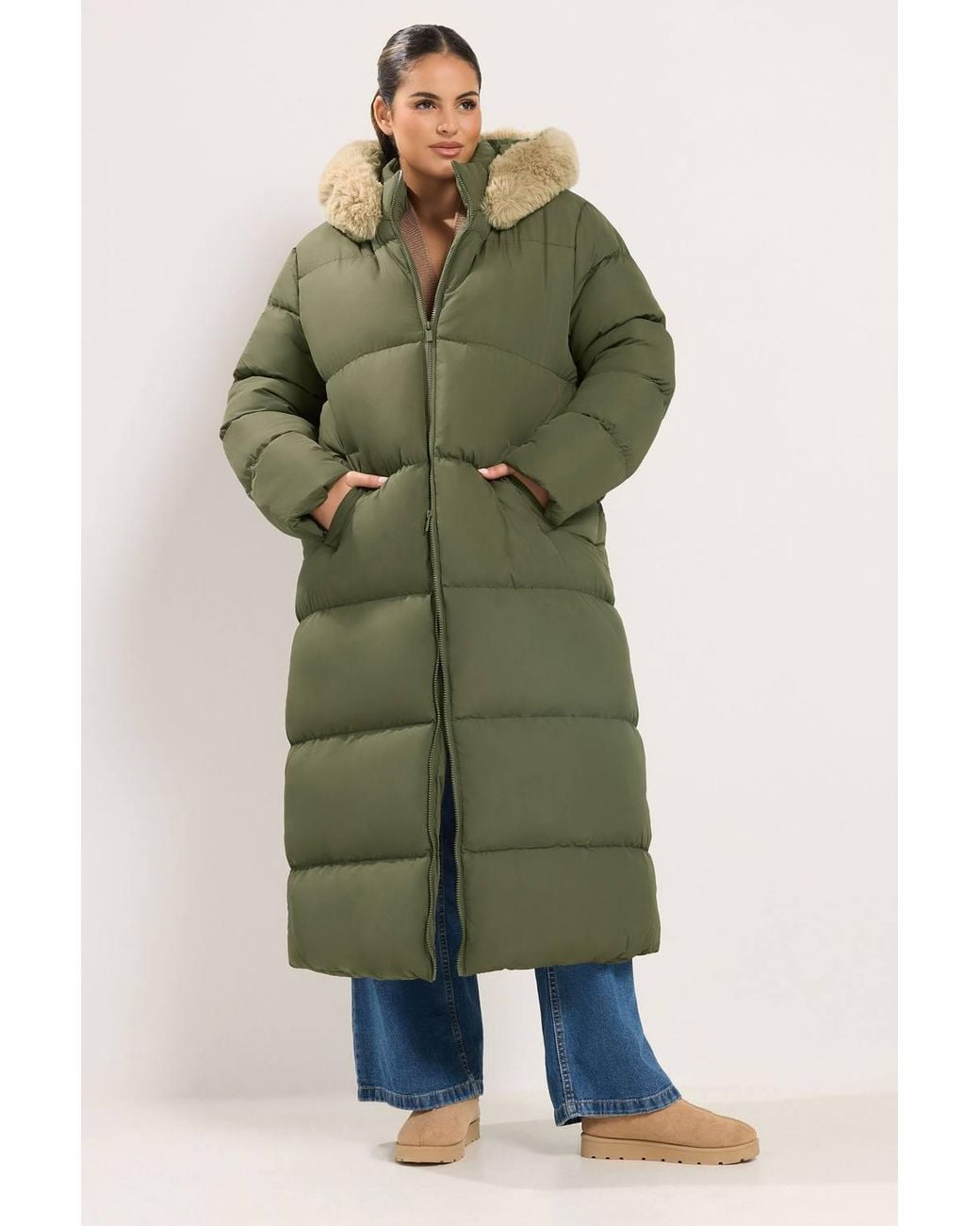 Yours Green Faux Fur Trim Padded Puffer Coat