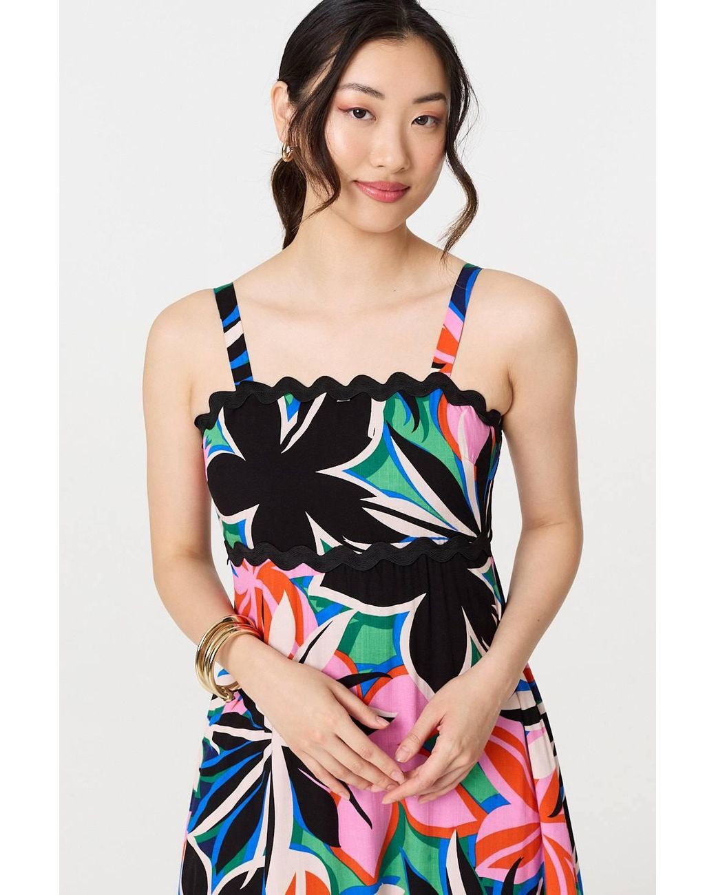Izabel London Pink Floral Wave Trim Sleeveless Maxi Dress