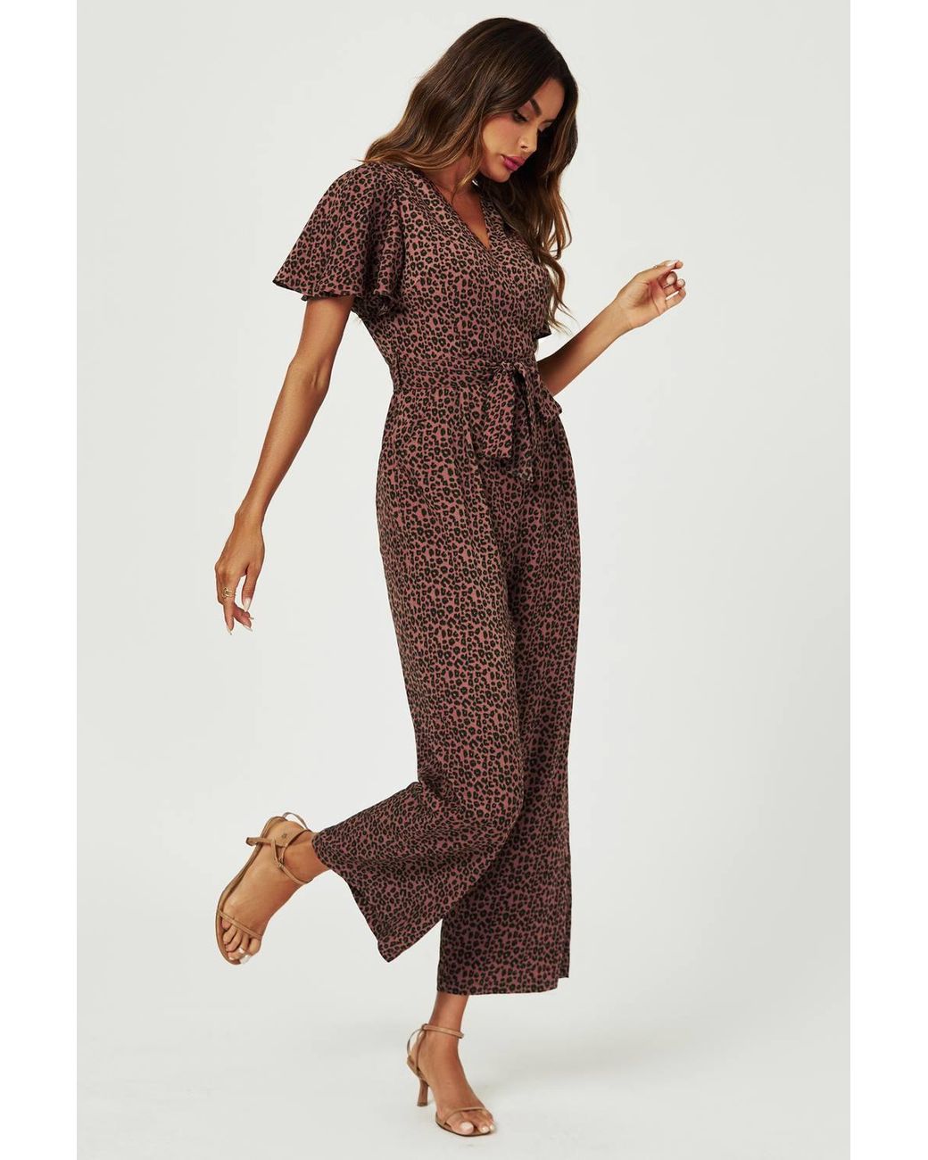 FS Collection Brown Leopard Print Wrap Top Jumpsuit