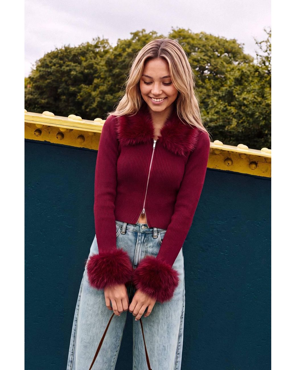 Pink Vanilla Red Fur Trim Zip Through Cardigan