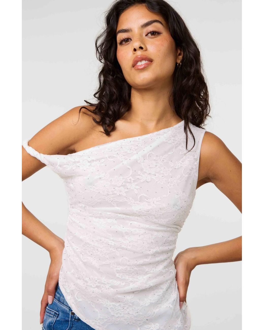 Pink Vanilla White Diamante Lace Shoulder Top
