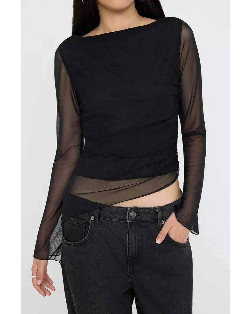 WOVCOR Black Shawl Print Boat Neck Asymmetric Detail Fitted Long Sleeve Mesh Blouse