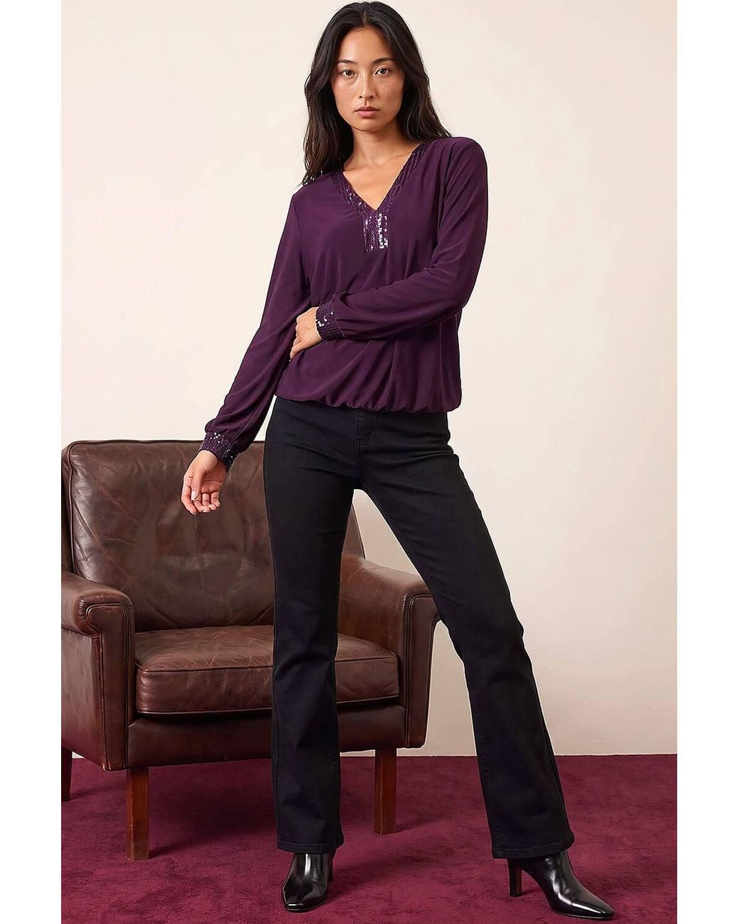 Roman Purple Petite Sequin Trim Blouson Top