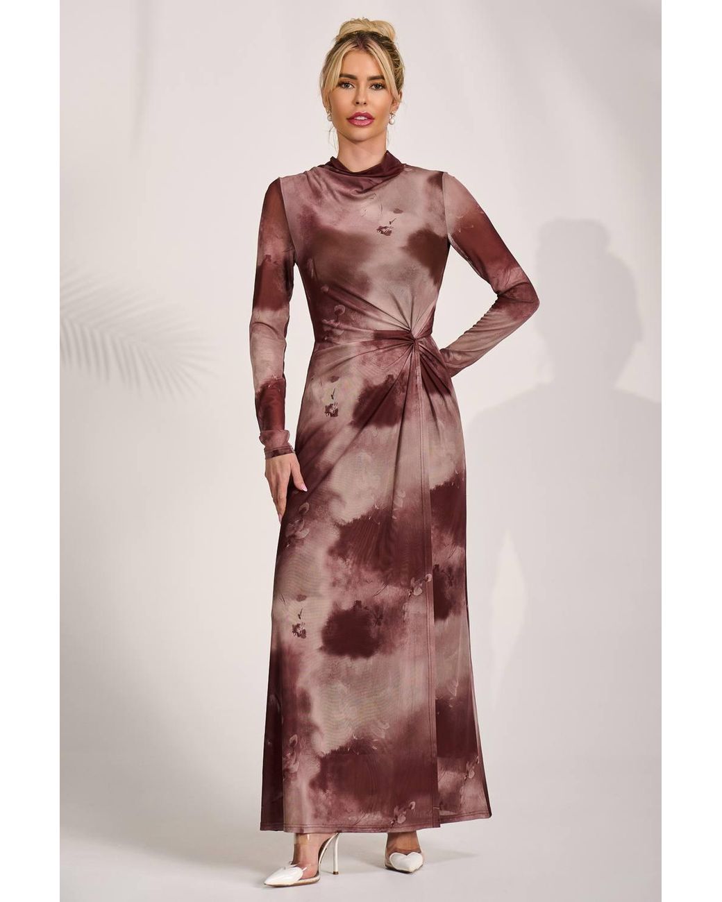 Jolie Moi Red High Neck Long Sleeve Mesh Maxi Dress