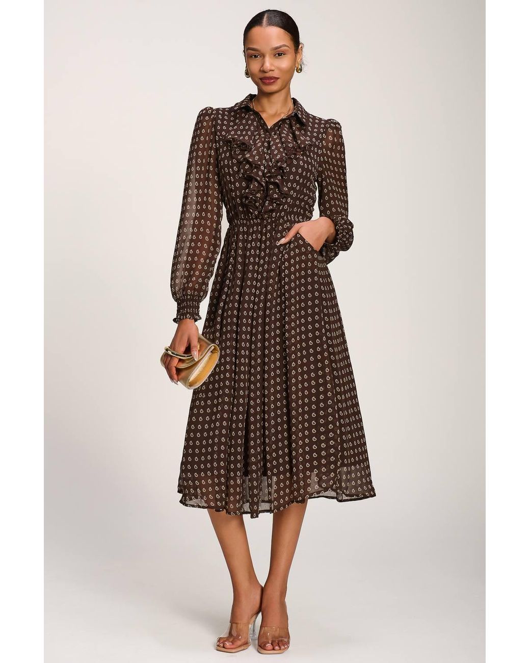 Jolie Moi Brown Chiffon Print Ruffled Shirt Dress