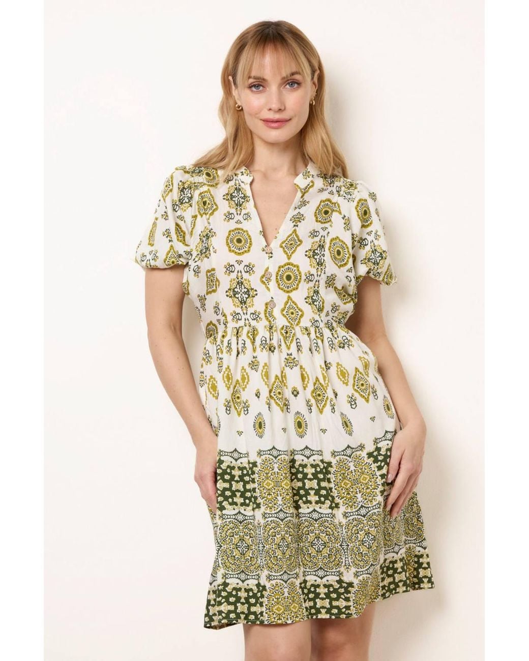 Blue Vanilla Natural Elasticated Waist Short Sleeve V-Neck Mini Dress