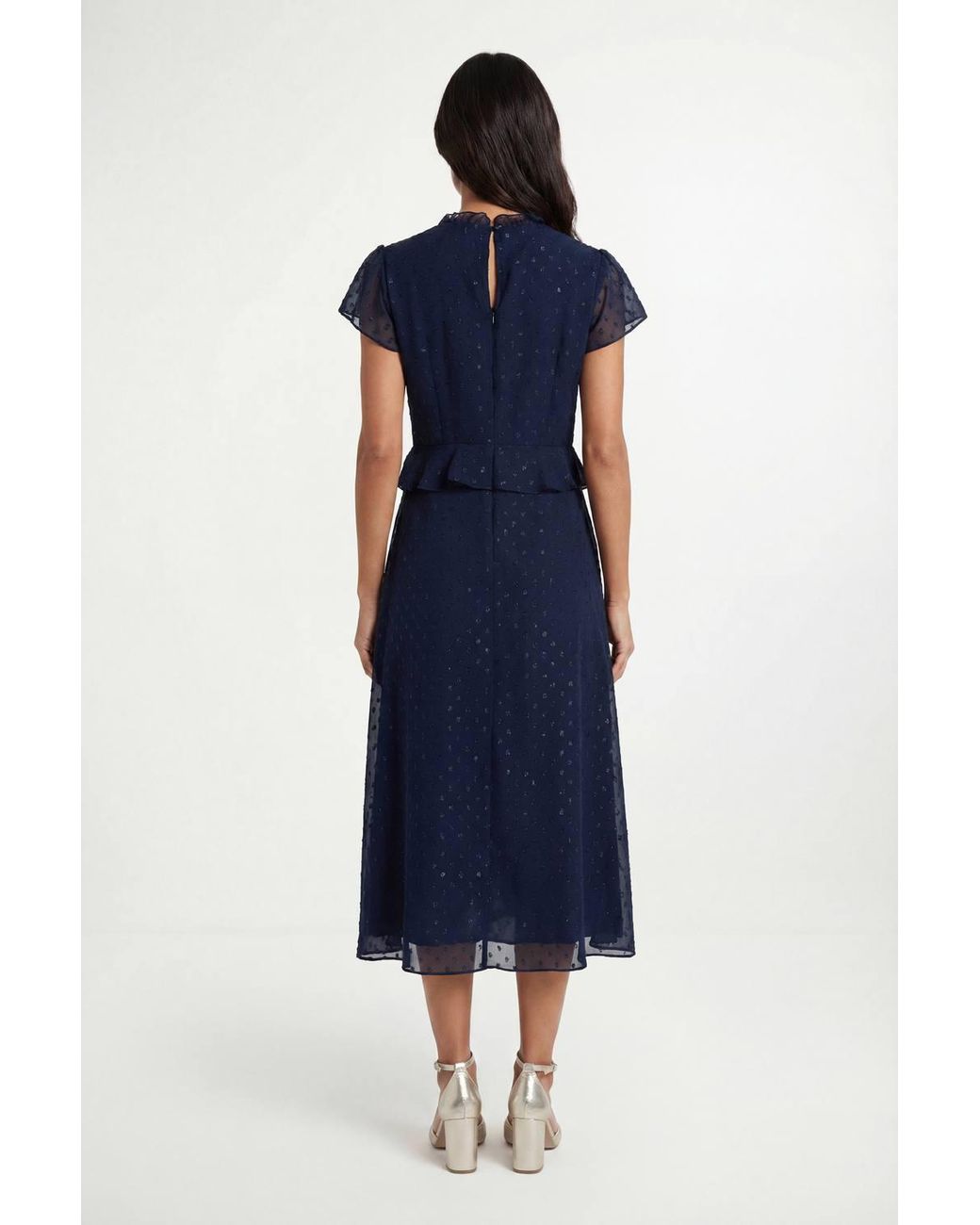 Wallis Blue Metallic Polka Dot Ruffle Midi Dress