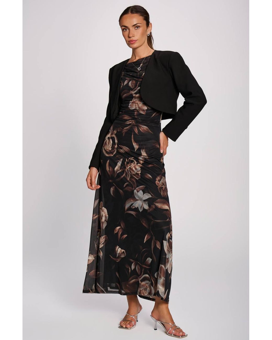 Jolie Moi Brown Multiway Neckline Mesh Maxi Dress