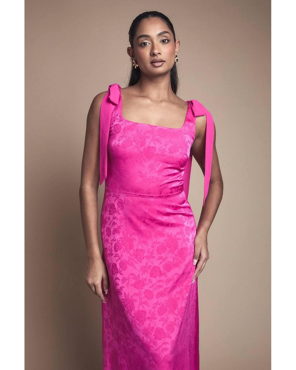 Oasis Pink Square Neck Chiffon Tie Shoulder Satin Jacquard Bridesmaid Dress