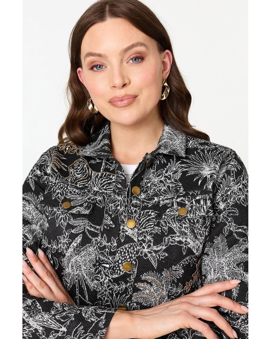 Izabel London Gray Tropical Print Textured Cropped Jacket