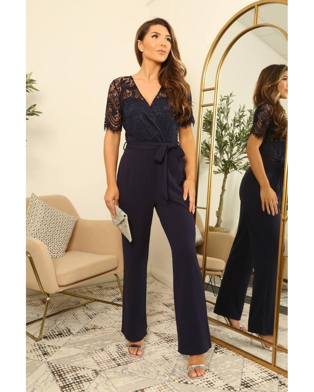 Double Second Black Lace Wrap Flared Leg Jumpsuit