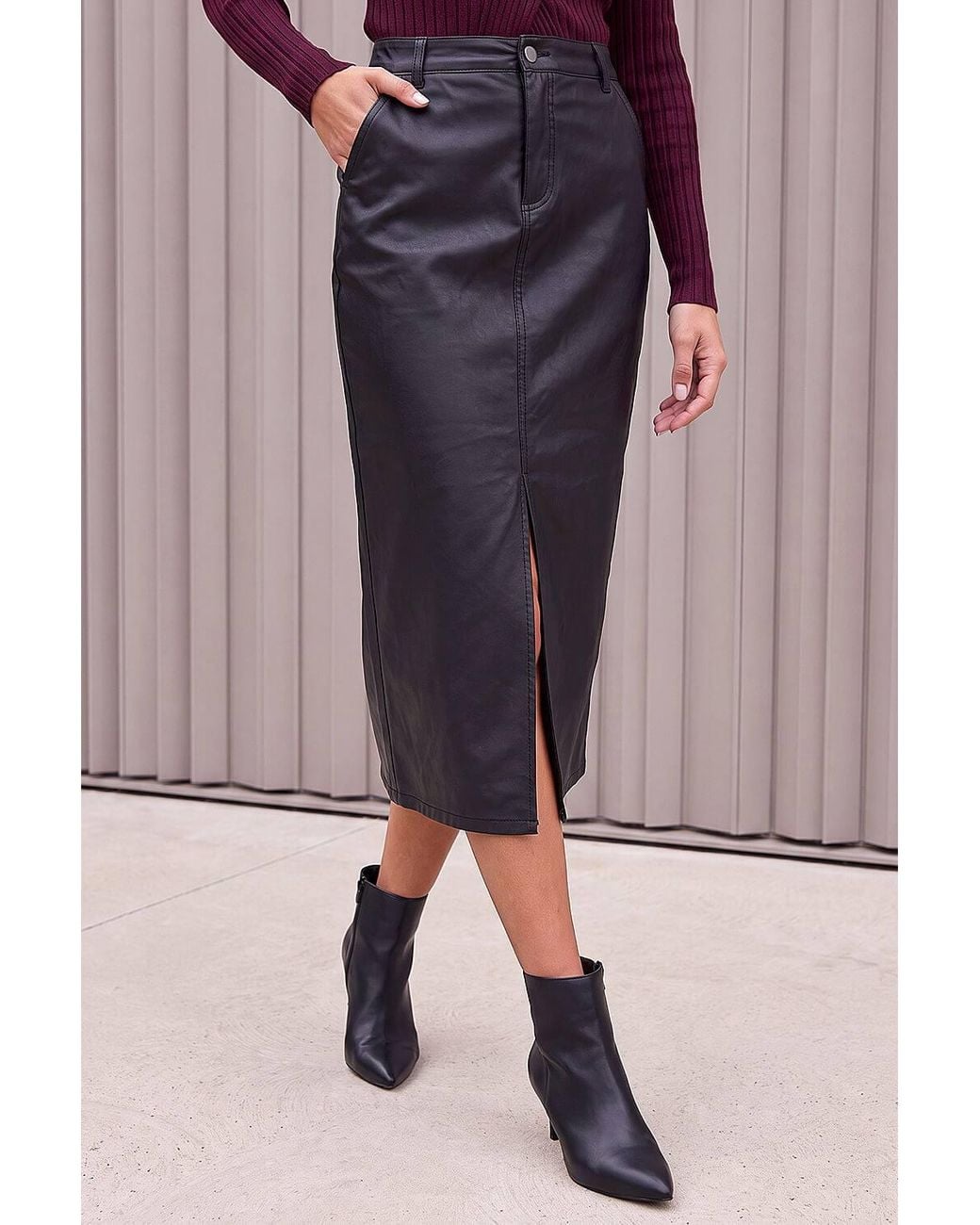 Roman Black Coated Midi Pencil Skirt