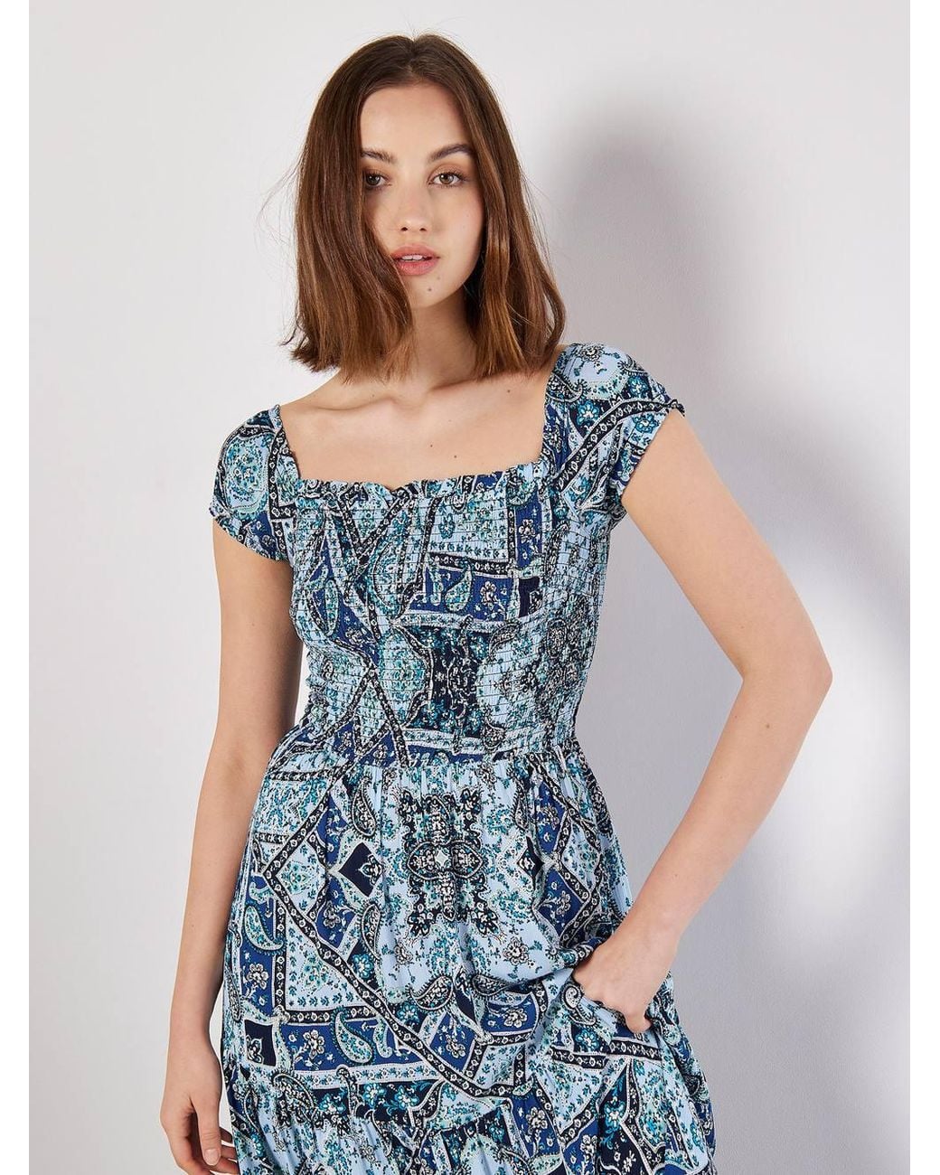Apricot Blue Scarf Print Milkmaid Maxi Dress