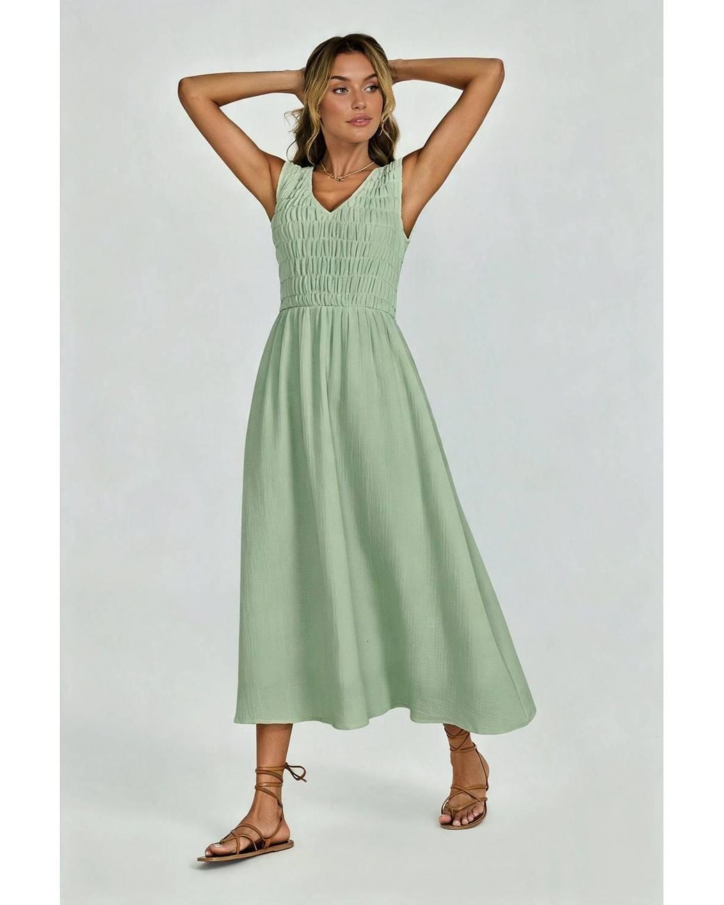 FS Collection Green Sleeveless Shirred Bodice Midi Dress