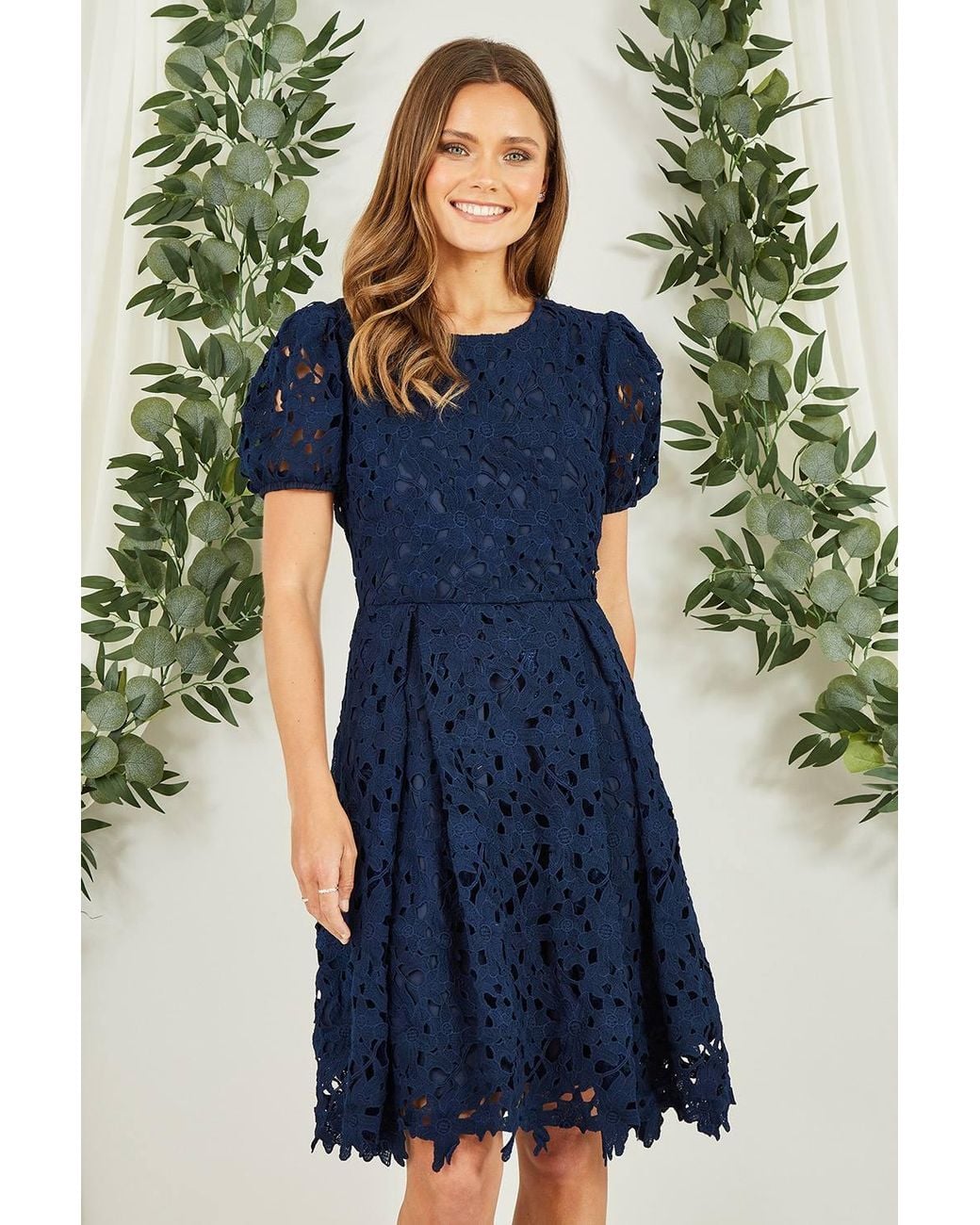 Yumi' Blue Lace Skater Dress W/ Puff Sleeves
