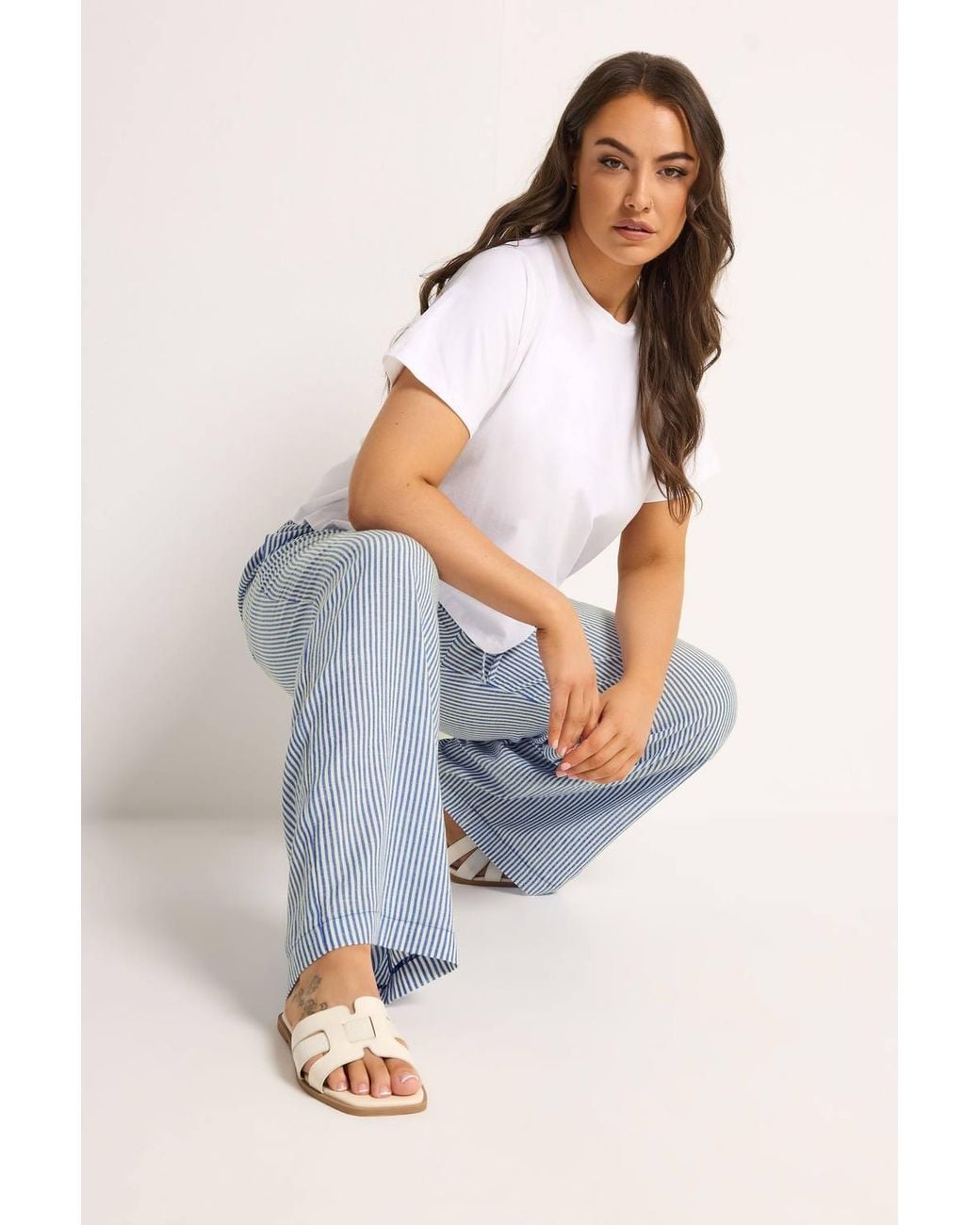 Yours Blue Stripe Linen Look Trousers