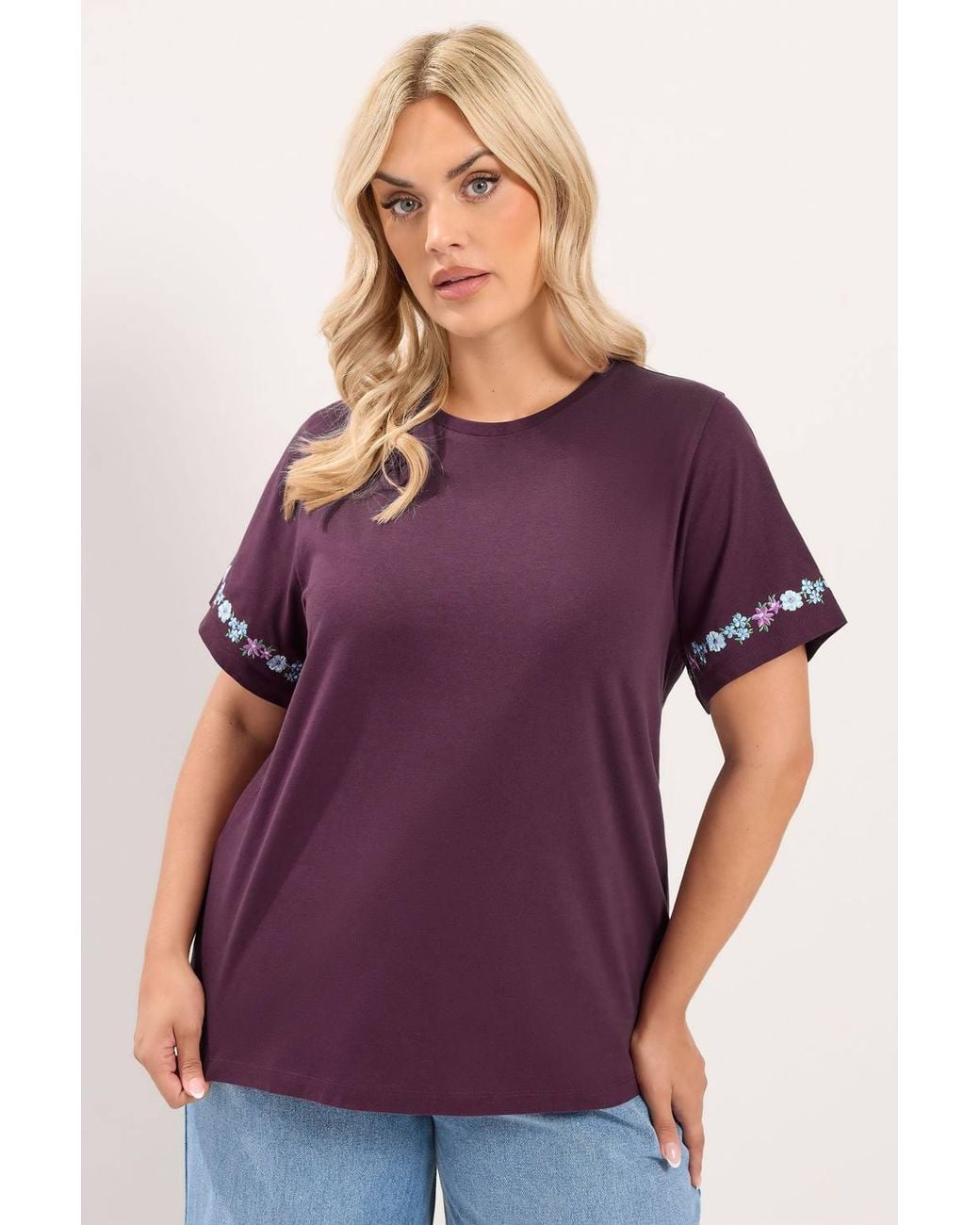Yours Purple Embroidered Floral Sleeve Detail T-Shirt