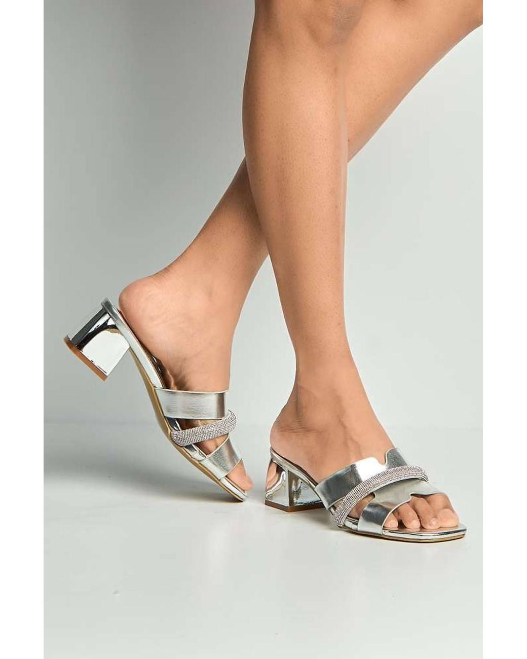 Miss Diva Gray Vivian Cutout Diamante Band Block Heel Mules