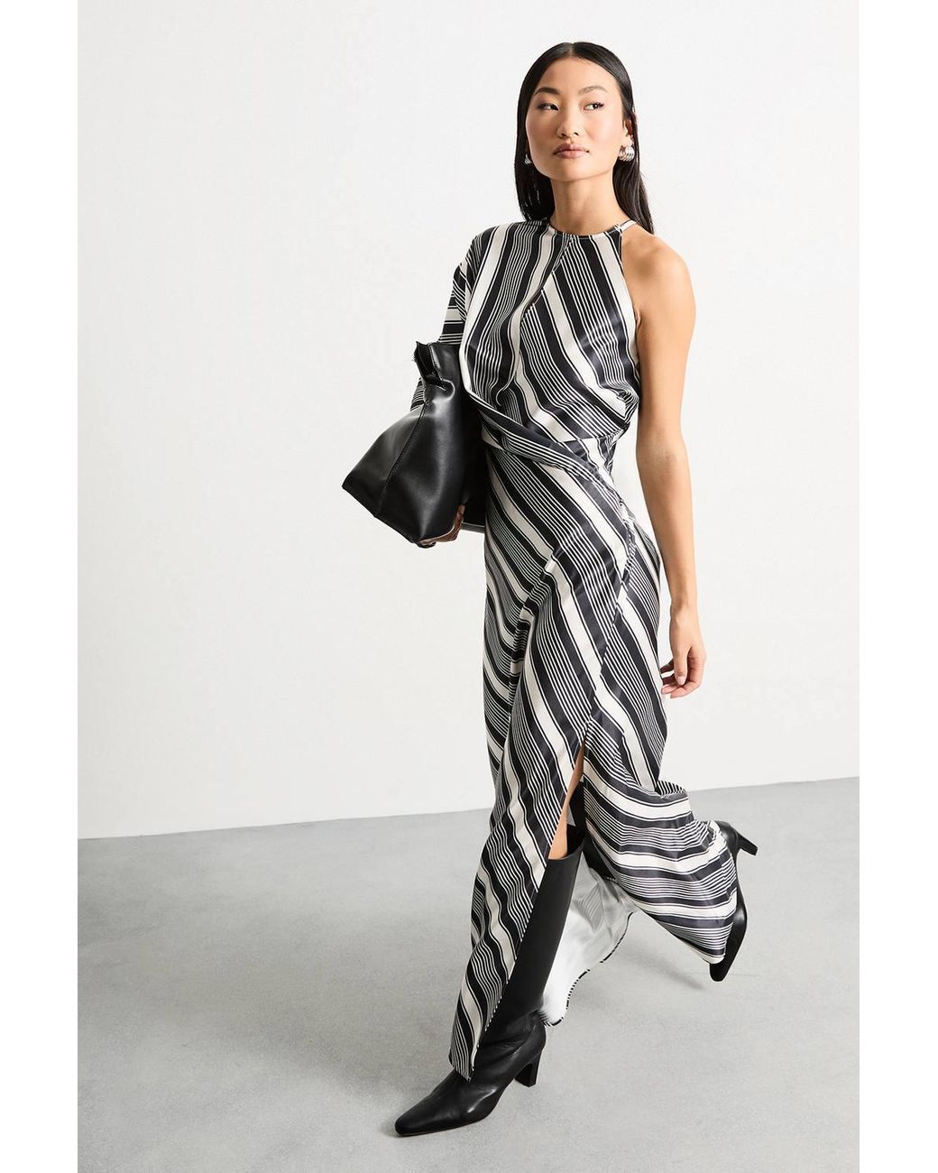 Warehouse White Petite Printed One Shoulder Twist Front Keyhole Satin Maxi Dress