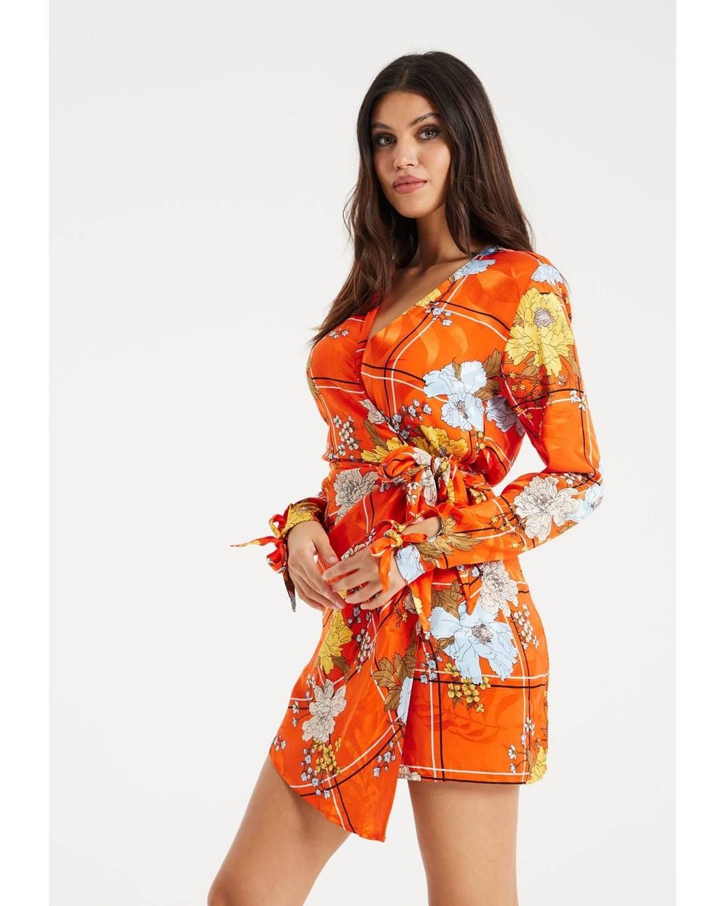 Liquorish Orange Checked Floral Print Mini Wrap Dress