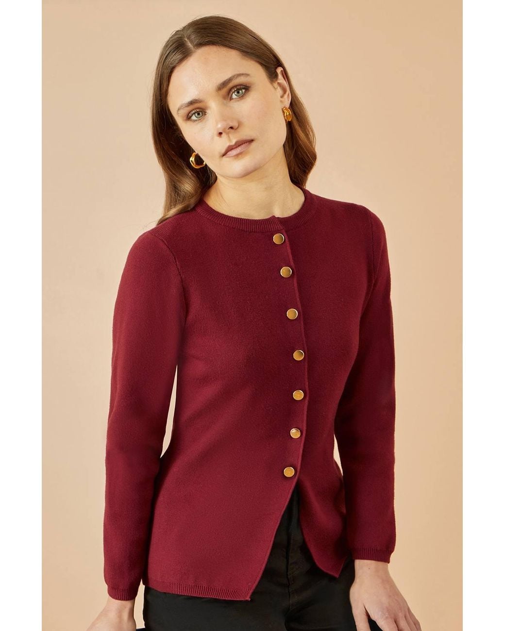 Yumi' Red Knitted Fitted Button Down Peplum Cardigan