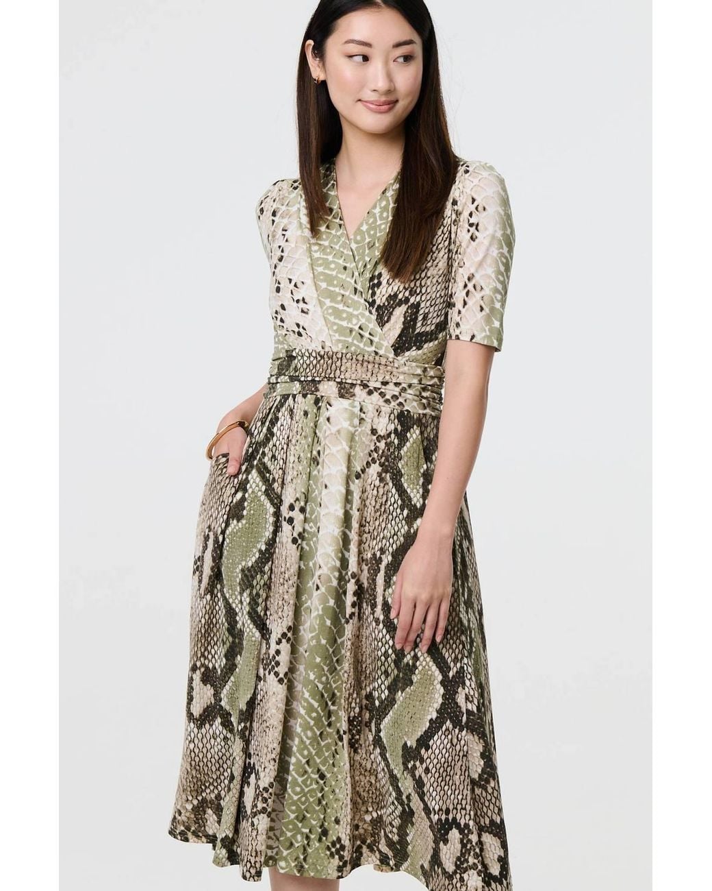 Izabel London Green Snake Print 1/2 Sleeve Jersey Midi Dress