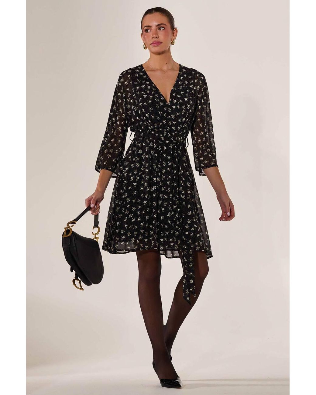 Jolie Moi Black Chiffon 3/4 Sleeve Mini Dress