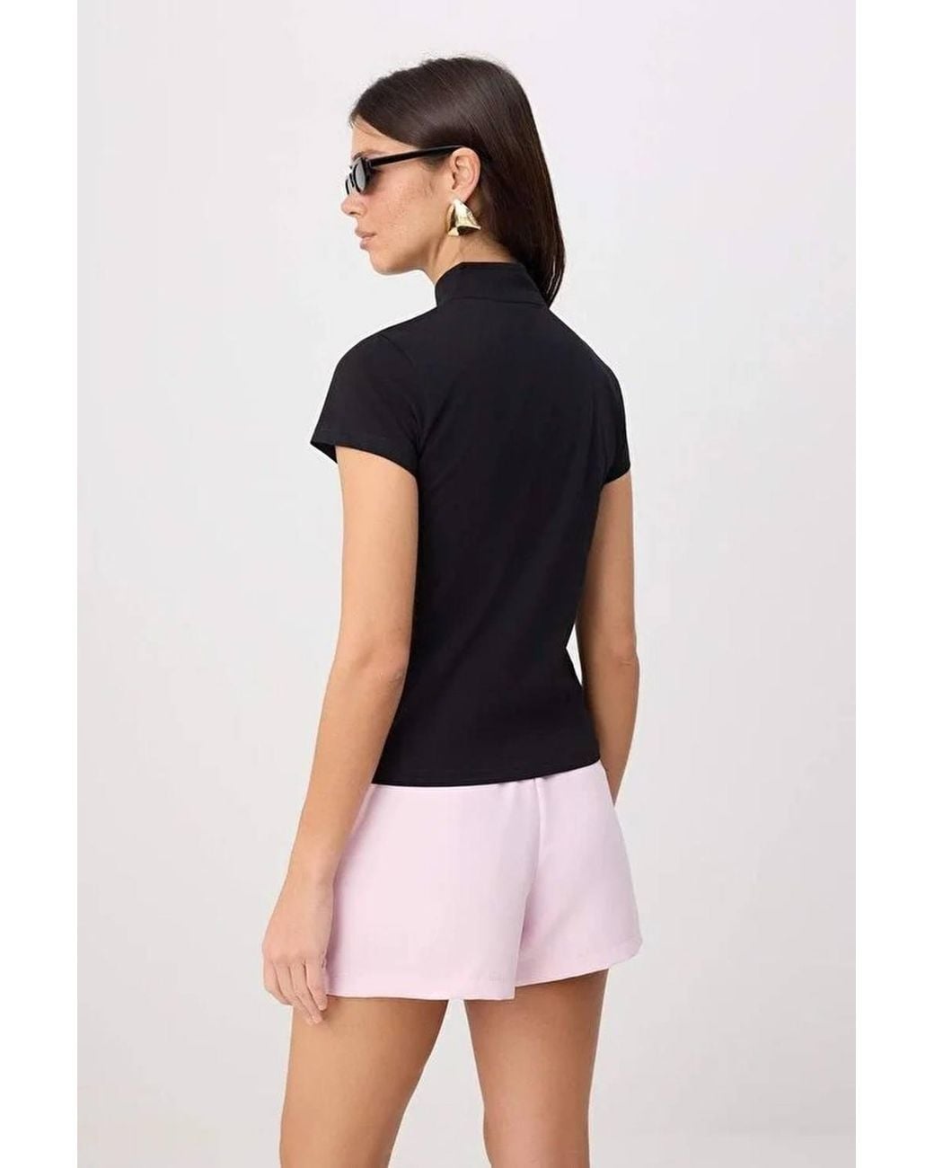 WOVCOR Black Regular Fit Keyhole Neck Short Sleeve Cotton Knit Blouse