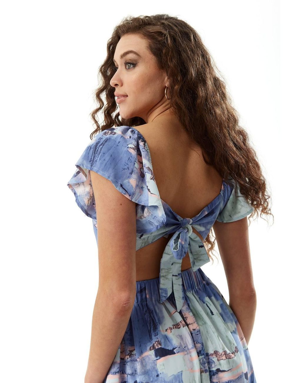 Liquorish Blue Abstract Print Cut Out Back Midi Dress