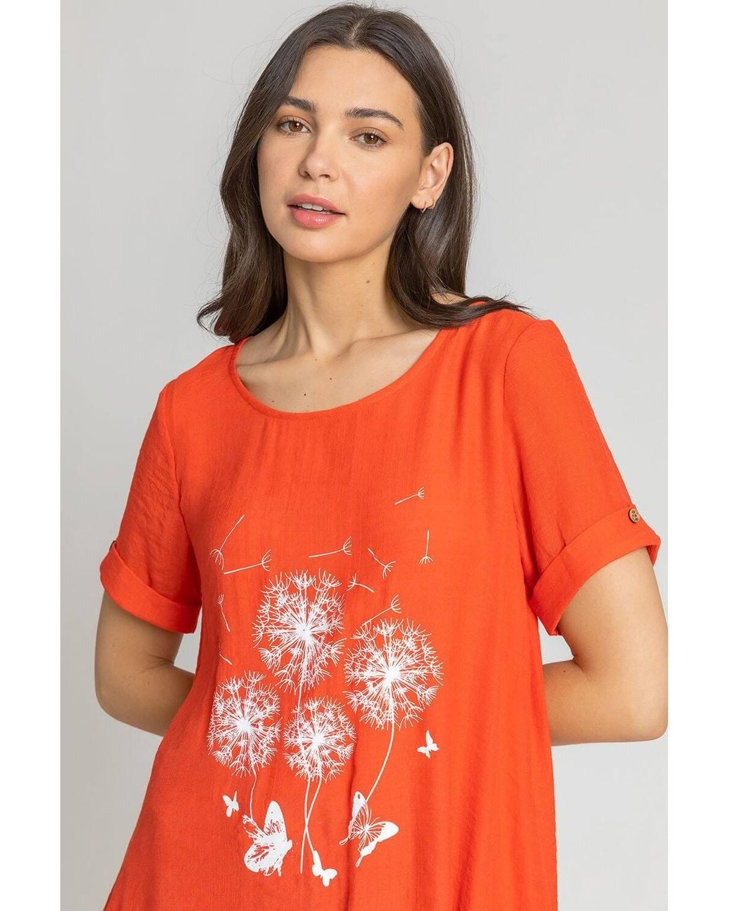 Roman Orange Dandelion Floral Hanky Hem Tunic Top