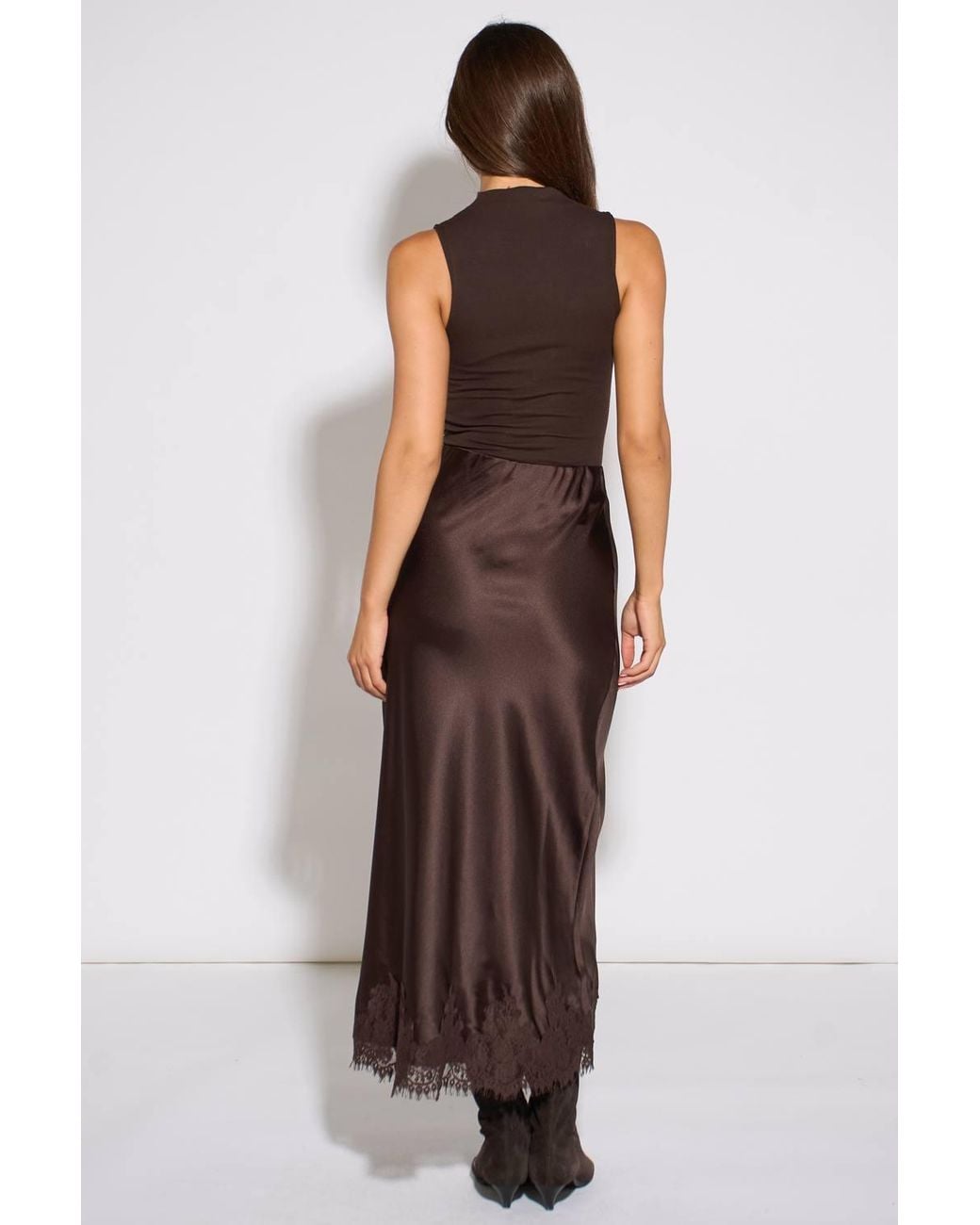 Gini London Brown Contrast Lace Trim Satin Bias Skirt