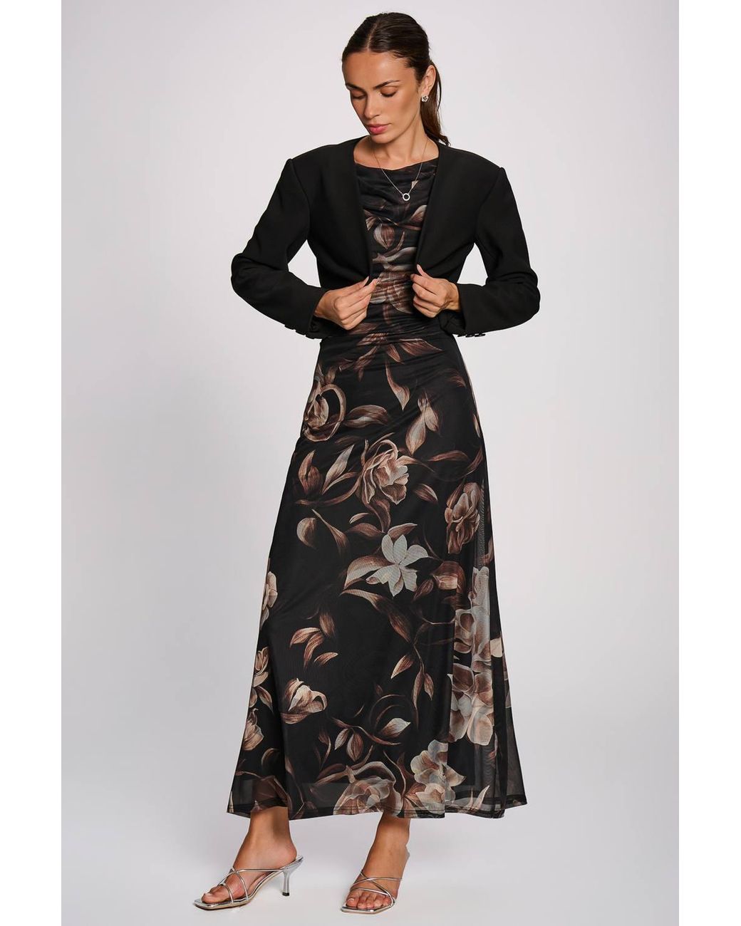 Jolie Moi Brown Multiway Neckline Mesh Maxi Dress