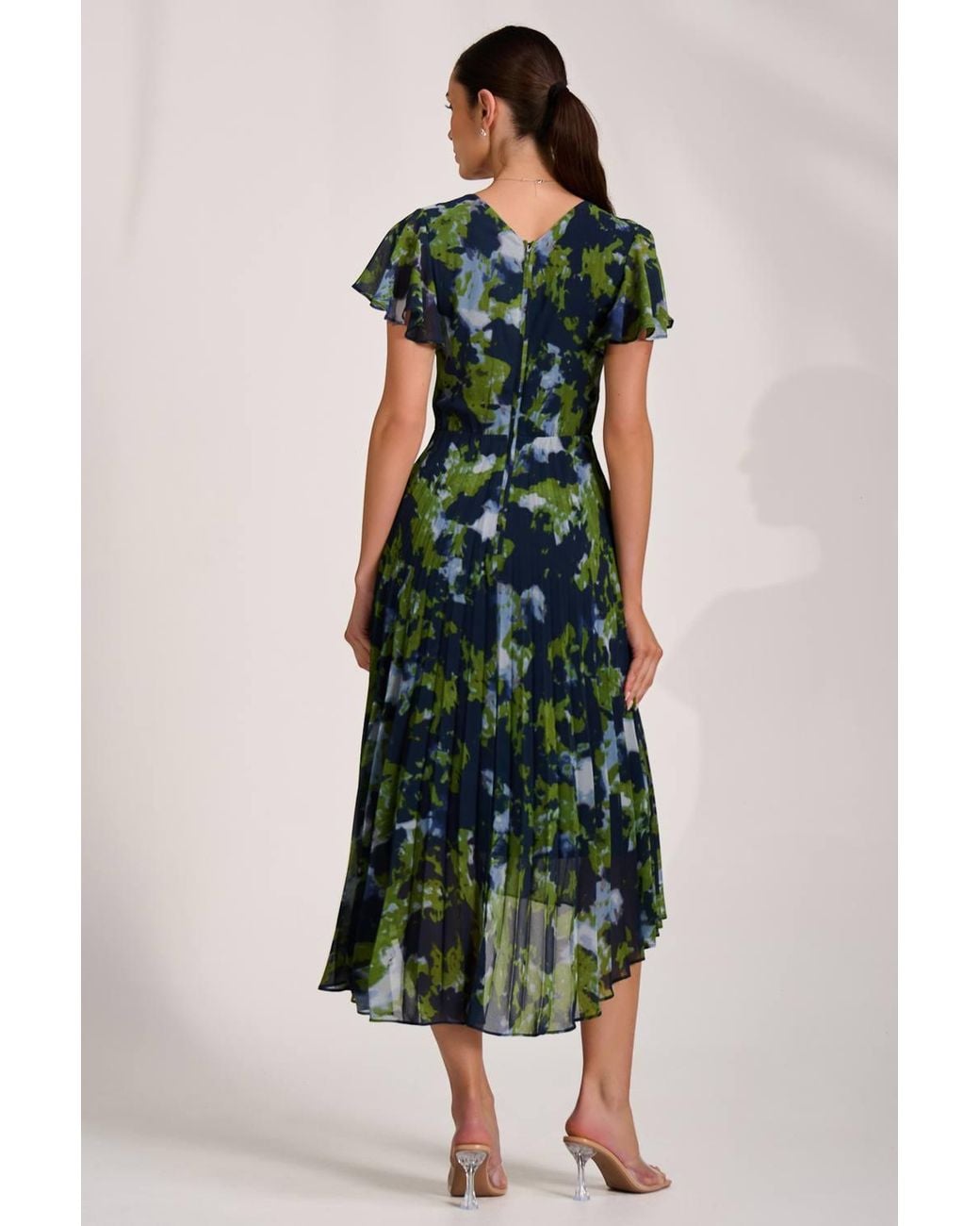 Jolie Moi Green Cap Sleeve Pleated Chiffon Maxi Dress