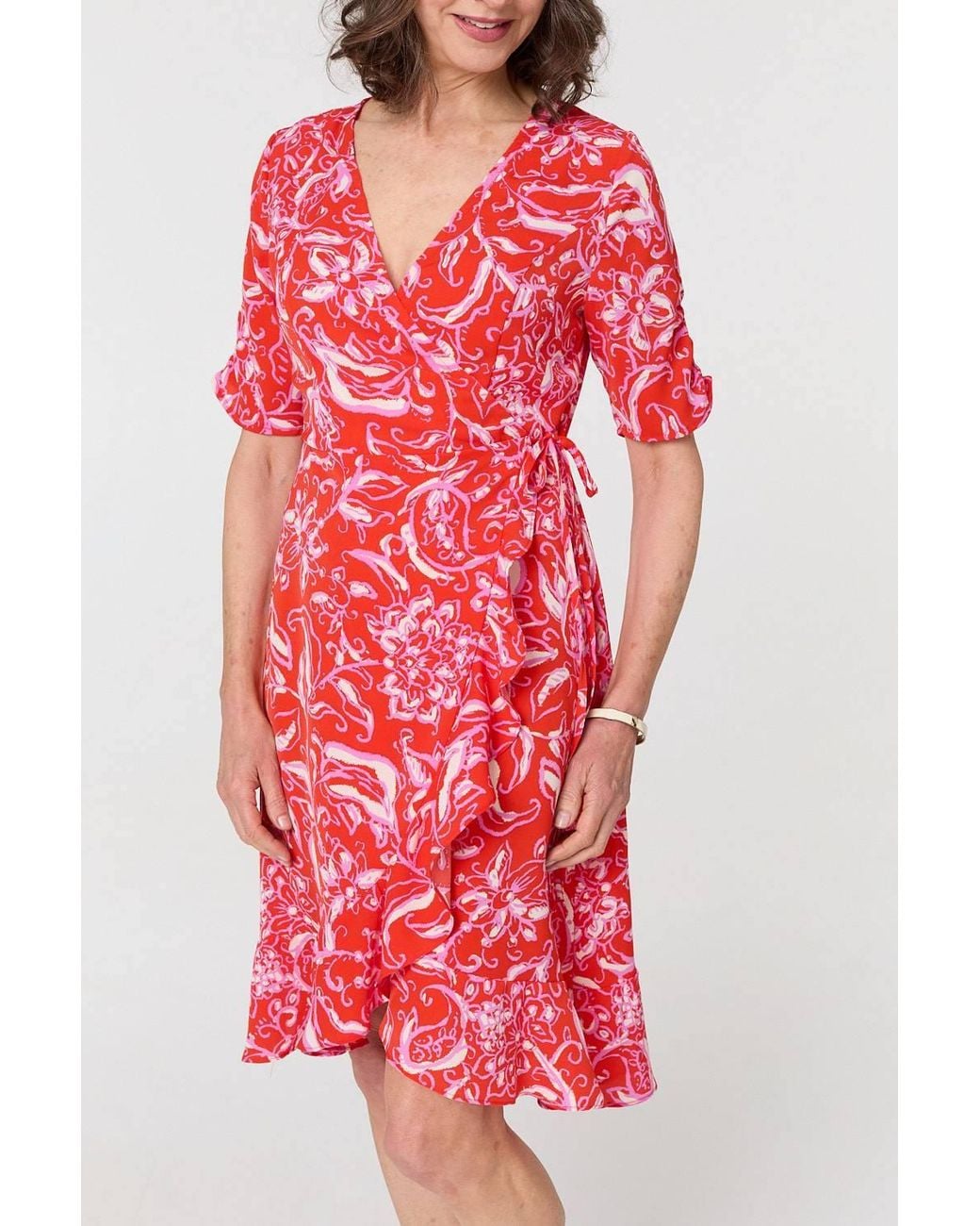 Izabel London Red Printed Frill Wrap Knee Length Dress