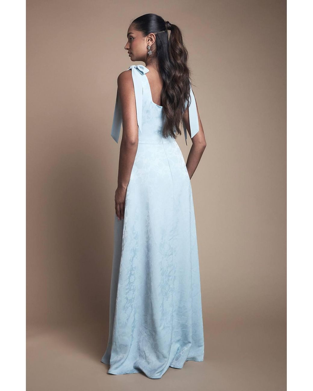 Oasis Blue Square Neck Chiffon Tie Shoulder Satin Jacquard Bridesmaid Dress
