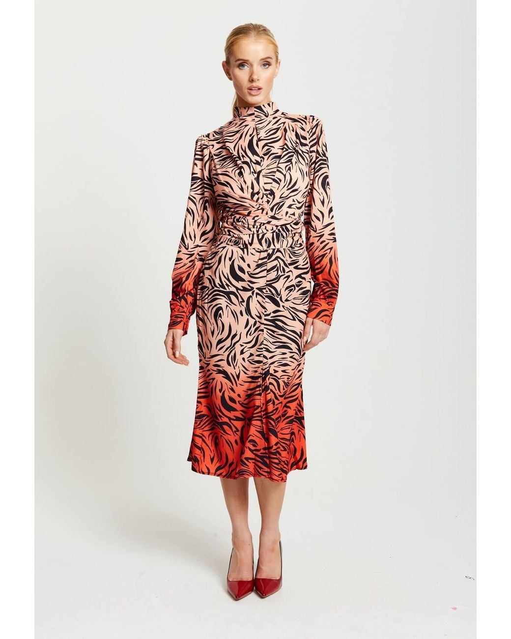 Liquorish Red Zebra Print Midi Dress W/ High Neck & Draped Waist Detail