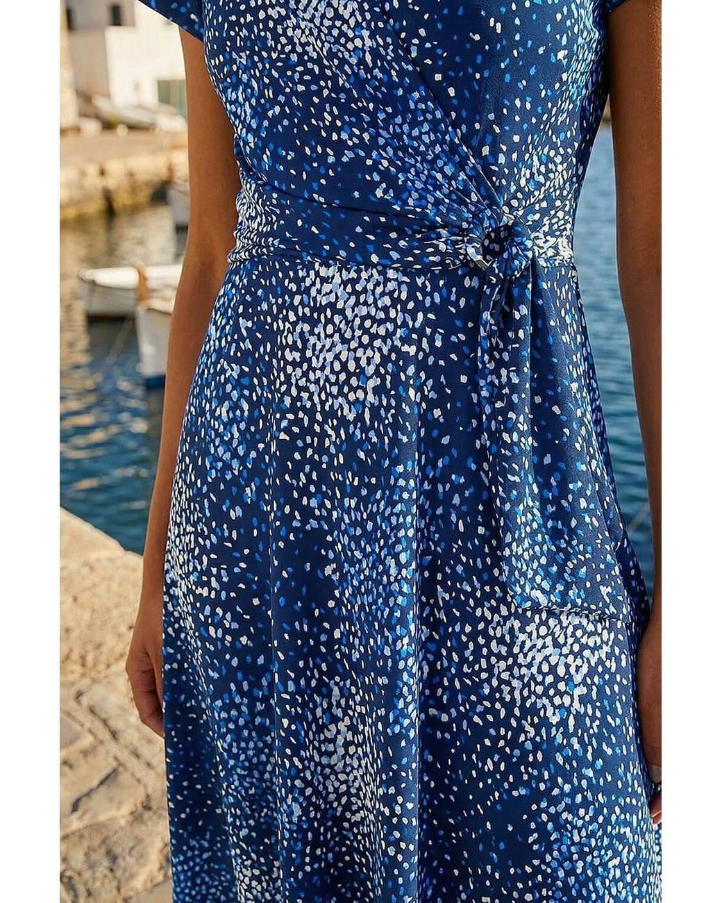 Roman Blue Abstract Wrap Detail Stretch Dress