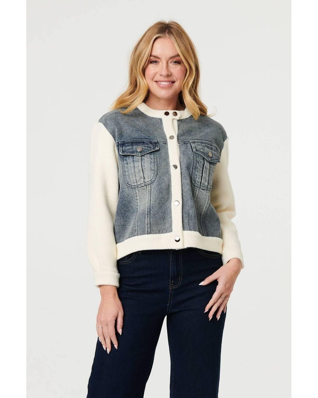 Izabel London Blue Denim Contrast Texture Boxy Jacket