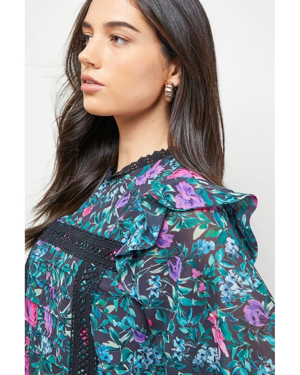 Oasis Blue Printed Lace Trim Pleat Detail Boho Blouse