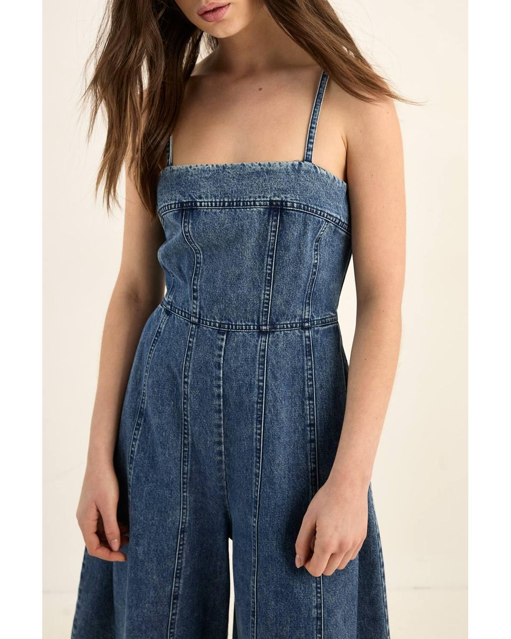 Nasty Gal Blue Strappy Seam Detail Wide Leg Denim Jumpsuit