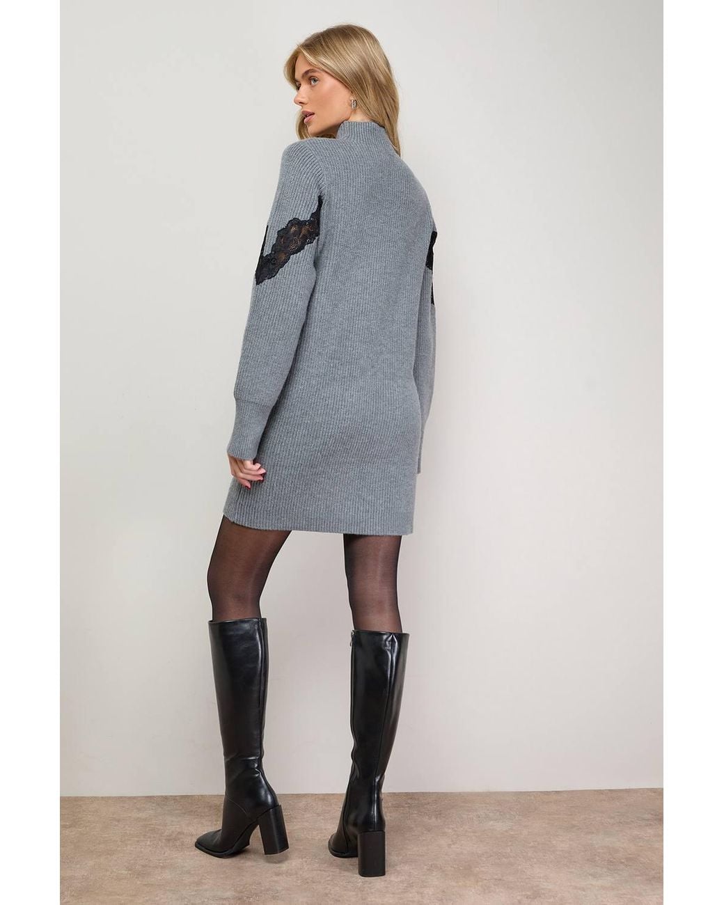 Oasis Gray Contrast Lace Stitch High Neck Knitted Mini Dress