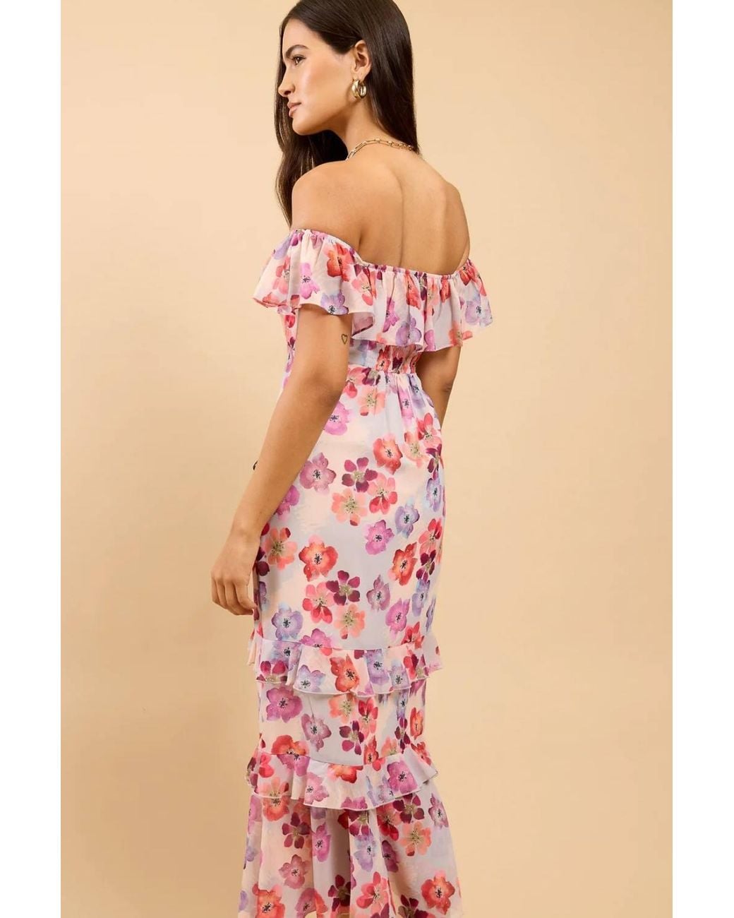 Little Mistress Pink Floral Print Ruffle Bardot Midaxi Dress