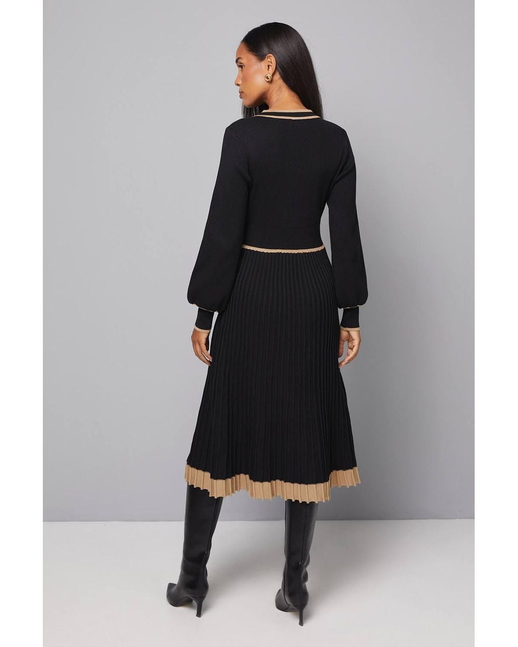 Wallis Black Zip Front Pleated Knitted Midi Dress