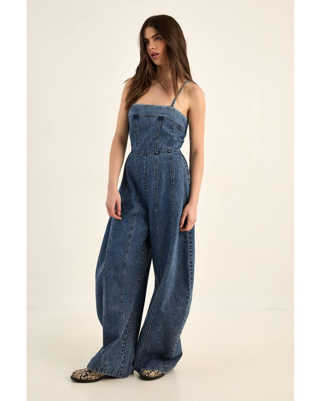 Nasty Gal Blue Strappy Seam Detail Wide Leg Denim Jumpsuit
